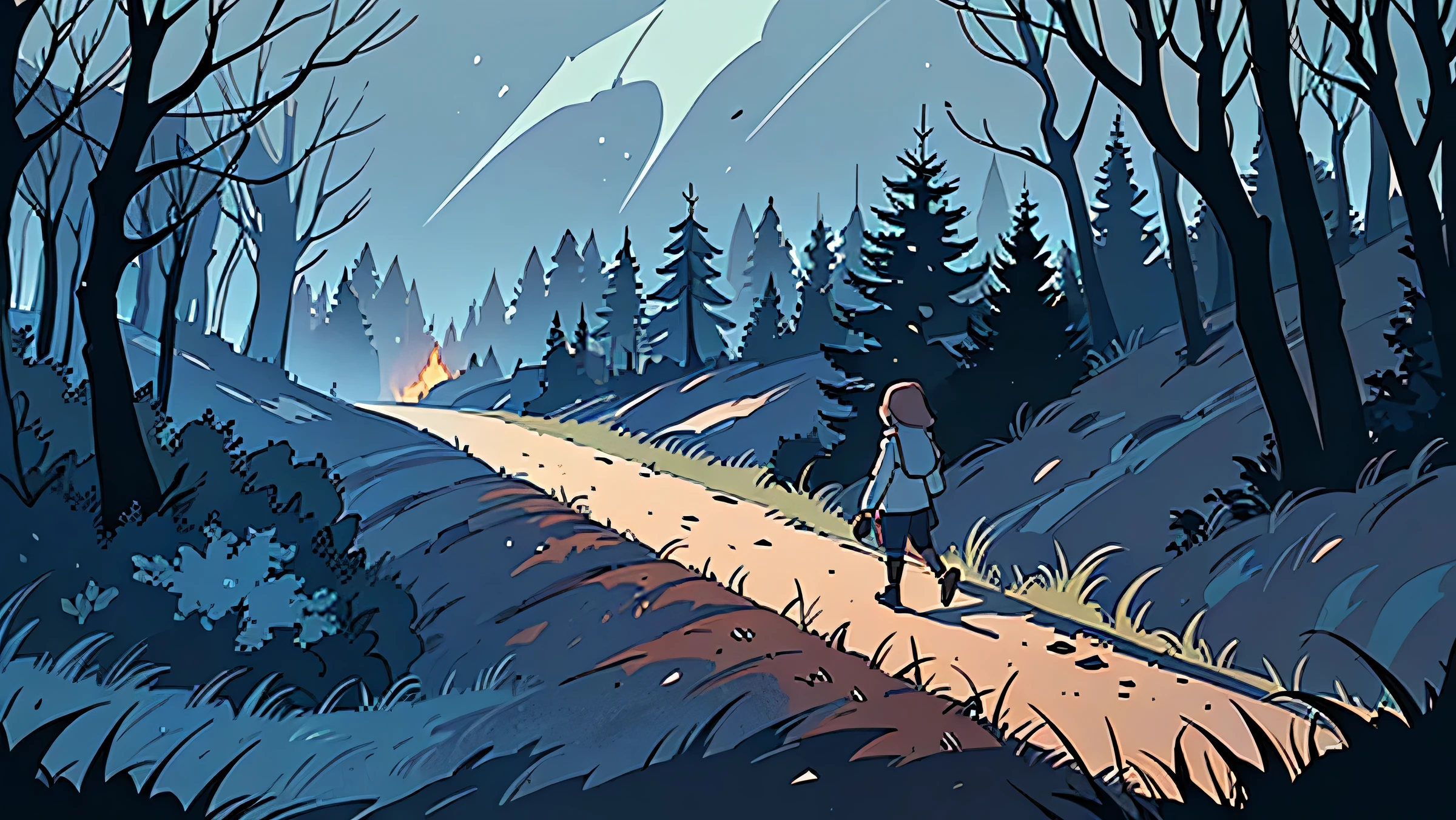 There is a person walking down a path in the woods - SeaArt AI