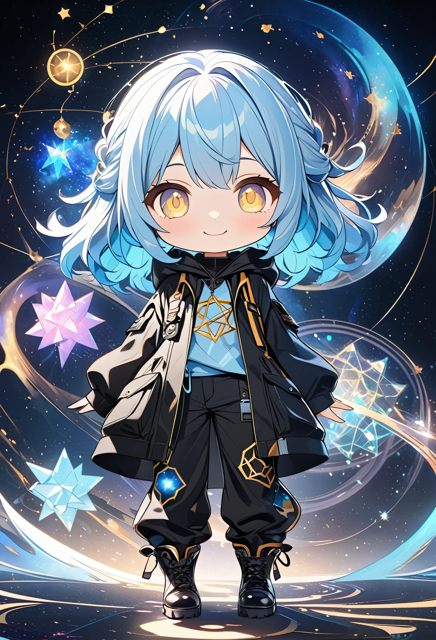 chibi, smiling, kawaii beauty, (light blue:1.5) glossy silky messy half-updo, elegance, dignity, amorous and lewd expression, captivating gold eyes, wearing loose half-shirt, black hooded parka, black baggy pants, engineer boots, androgynous slim figure, iridescent aura effects, BREAK background galaxy, constellation octagram, various effects, delicate and dynamic textures, contrasts of light and shadow, 2.5D, digital graphic CG, BREAK ultra detailed, absolutely resolution, best quality
