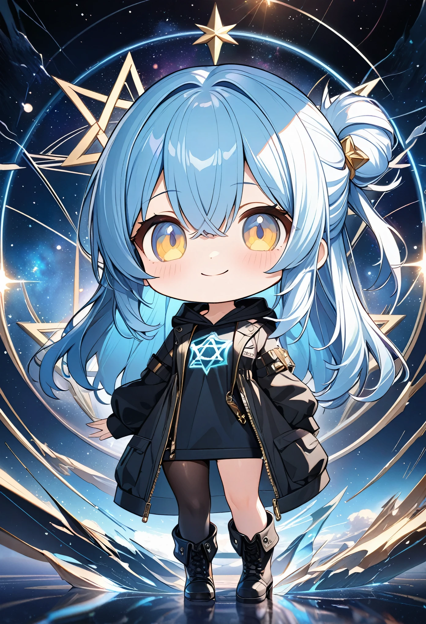 chibi, smiling, kawaii beauty, (light blue:1.5) glossy silky messy half-updo, elegance, dignity, amorous and lewd expression, captivating gold eyes, wearing loose half-shirt, black hooded parka, black baggy pants, engineer boots, androgynous slim figure, iridescent aura effects, BREAK background galaxy, constellation octagram, various effects, delicate and dynamic textures, contrasts of light and shadow, 2.5D, digital graphic CG, BREAK ultra detailed, absolutely resolution, best quality