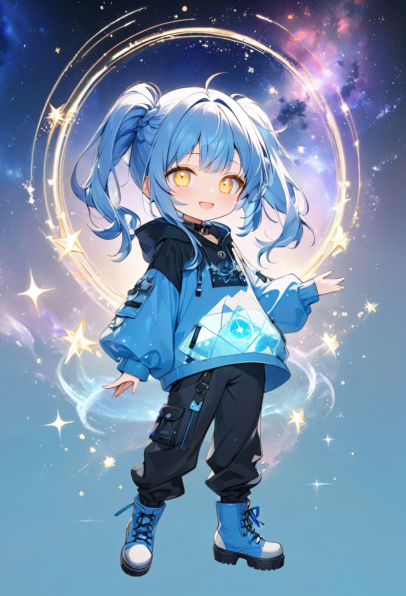 chibi, smiling, kawaii beauty, (light blue:1.5) glossy silky messy half-updo, elegance, dignity, amorous and lewd expression, captivating gold eyes, wearing loose half-shirt, black hooded parka, black baggy pants, engineer boots, androgynous slim figure, iridescent aura effects, BREAK background galaxy, constellation octagram, various effects, delicate and dynamic textures, contrasts of light and shadow, 2.5D, digital graphic CG, BREAK ultra detailed, absolutely resolution, best quality