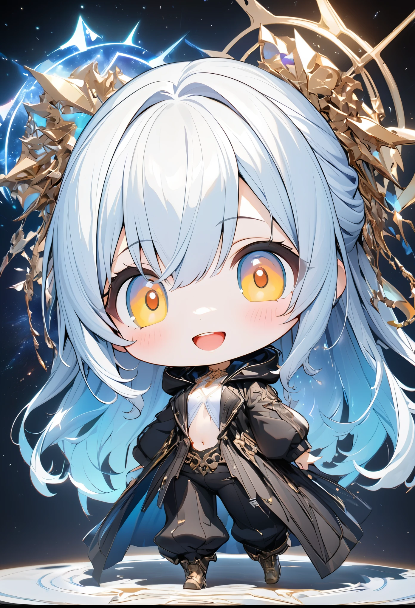 chibi, smiling, kawaii beauty, (light blue:1.5) glossy silky messy half-updo, elegance, dignity, amorous and lewd expression, captivating gold eyes, wearing loose half-shirt, black hooded parka, black baggy pants, engineer boots, androgynous slim figure, iridescent aura effects, BREAK background galaxy, constellation octagram, various effects, delicate and dynamic textures, contrasts of light and shadow, 2.5D, digital graphic CG, BREAK ultra detailed, absolutely resolution, best quality