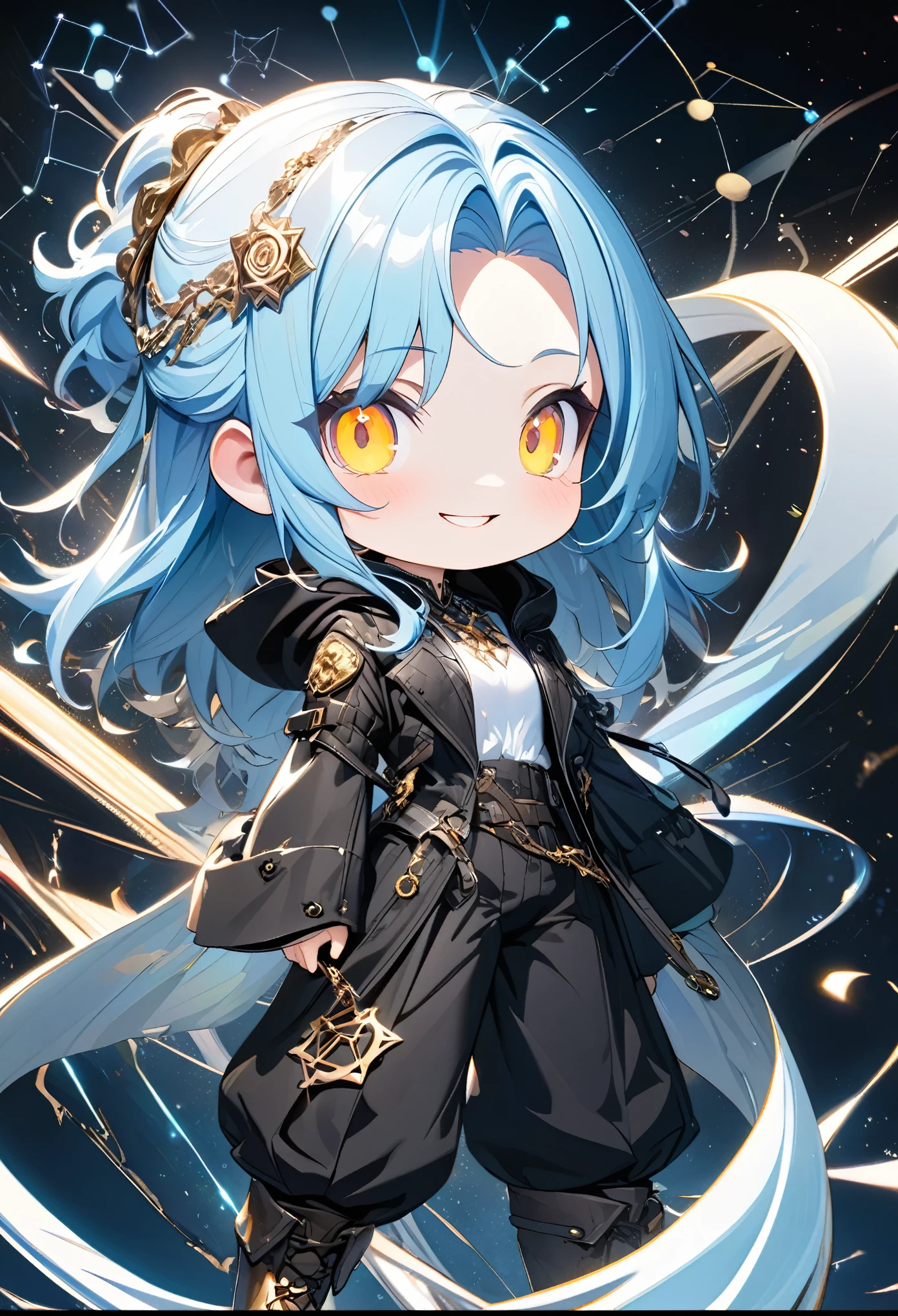 chibi, smiling, kawaii beauty, (light blue:1.5) glossy silky messy half-updo, elegance, dignity, amorous and lewd expression, captivating gold eyes, wearing loose half-shirt, black hooded parka, black baggy pants, engineer boots, androgynous slim figure, iridescent aura effects, BREAK background galaxy, constellation octagram, various effects, delicate and dynamic textures, contrasts of light and shadow, 2.5D, digital graphic CG, BREAK ultra detailed, absolutely resolution, best quality