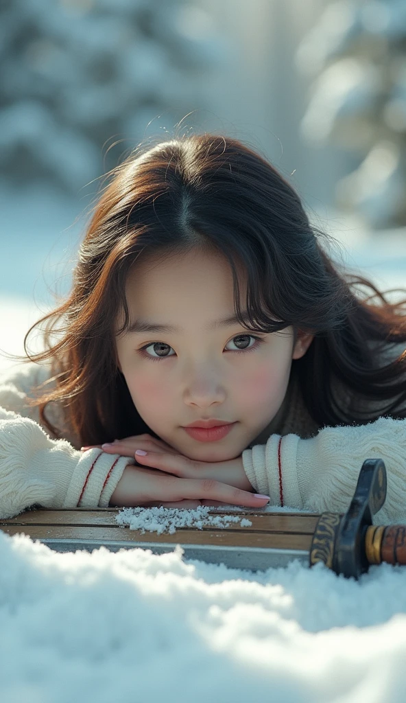 Japanese elementary school girl, off-shoulder, sweet expression, winter, Kluane National Park, Canada, snowy field