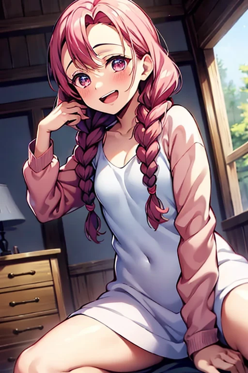 ((Best Quality)), ((masterpiece)), (be familiar with), Perfect Face, indoor, bedroom, Watching the audience,
One woman, Kanroji Mitsuri,
Open Mouth, Ecstatic expression, blush, smile,
Small breasts, Flat Chest, , , child, Girl,
Long Hair, Braids,
Leg spread,