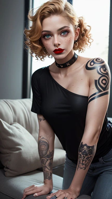 photo, rule of thirds, dramatic lighting, short hair, detailed face, detailed nose, woman wearing tank top, freckles, collar or choker, smirk, tattoo, intricate background