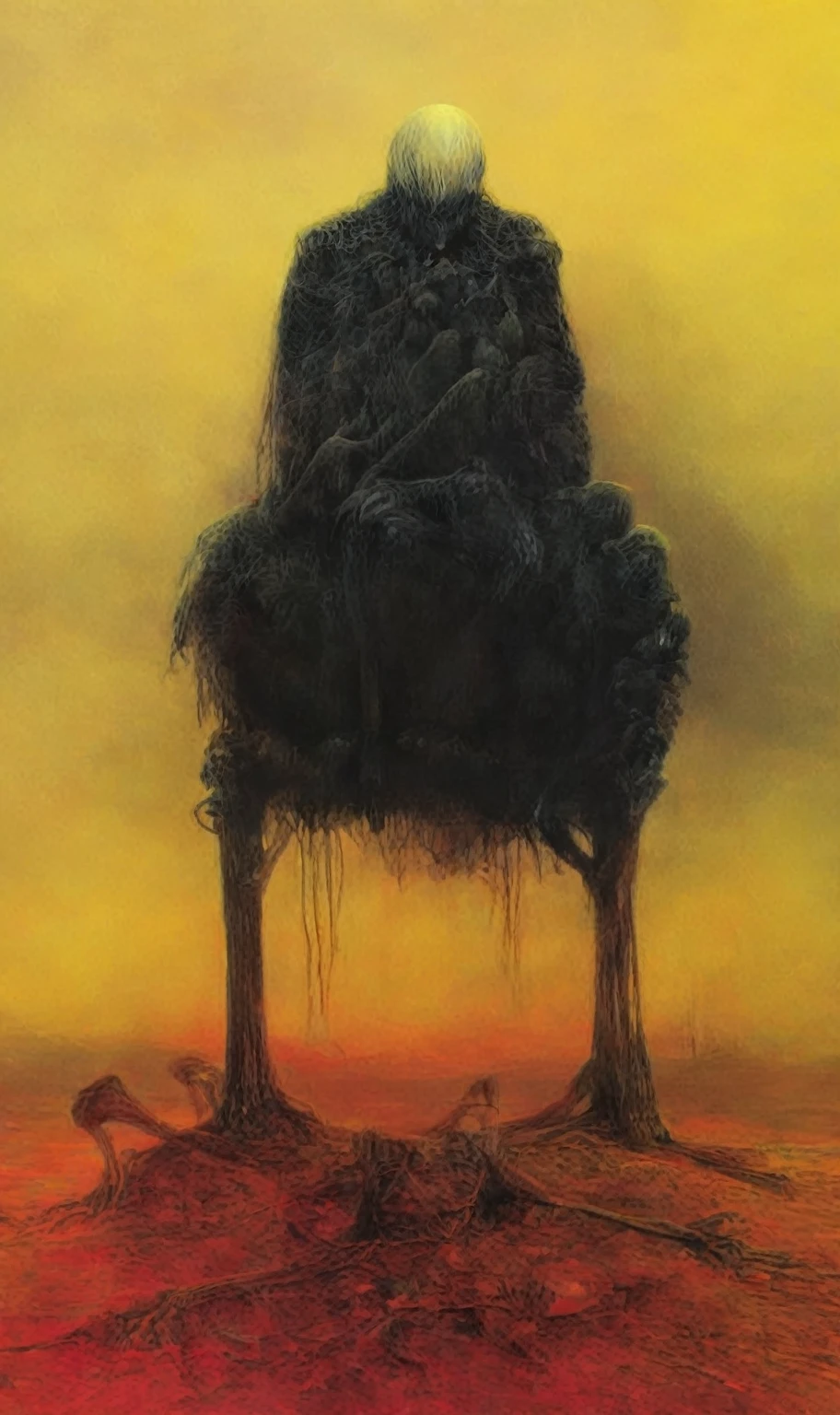 Mythical creatures, author：zislaw Beksiński and Brom, (The image depicts a hugemonkey creature with a large black body and two long, thin legs, seated on a rock in a desert landscape during sunset, with a vibrant yellow sky and orange and crimson hues in the foreground), Album cover, romantic, Surrealism, Futuristic ,Smiling ,  Wizard, Abstracted, dark,  landscape (best quality:1.4),dw01-3400