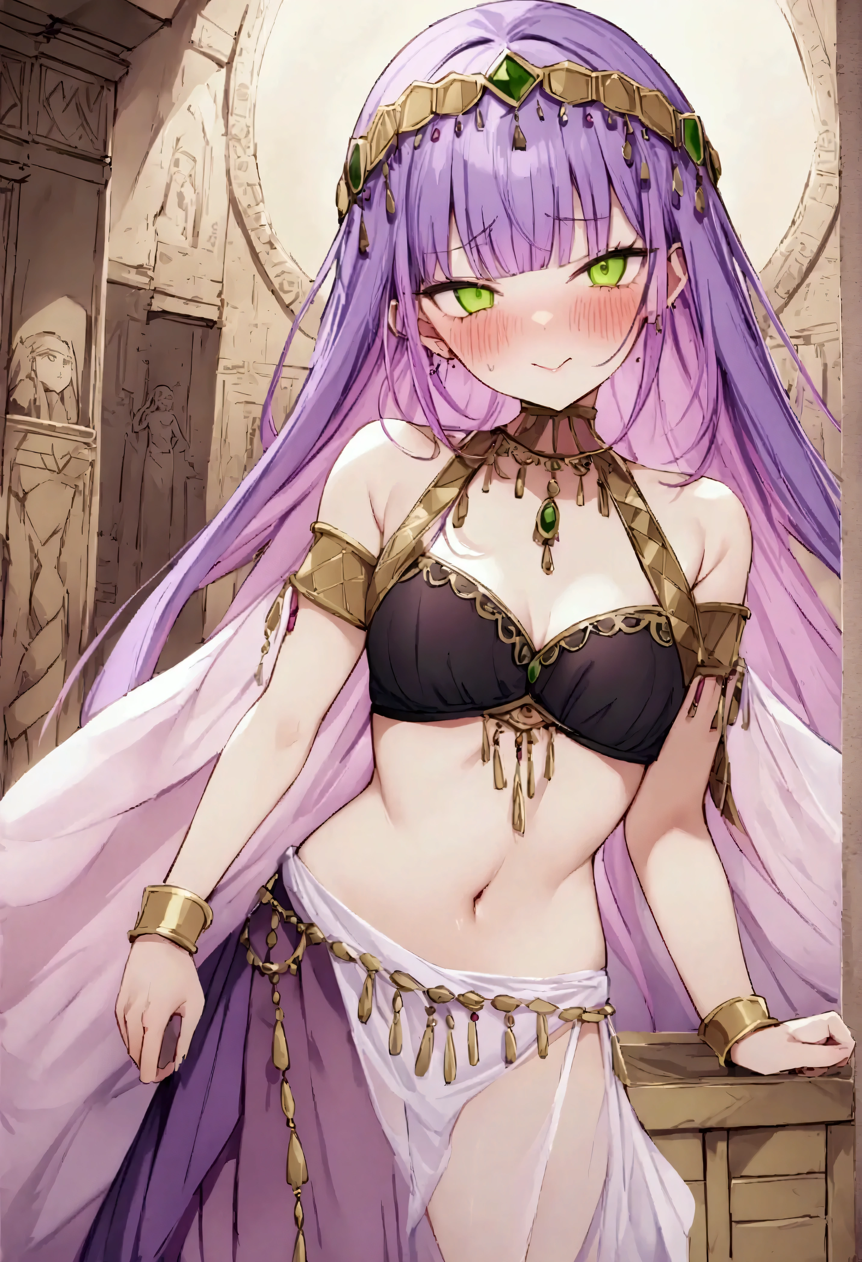 NSFW,masterpiece,Best Quality,High resolution,Very detailed,Towa Tokoyami\(Hove\),Purple Hair,Green Eyes,Dancer,Arabian Costume,See-through,Embarrassed,blush,He doesn't seem too opposed,Smirking face,Ancient temple,altar,dance