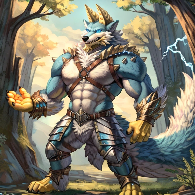 A fusion of a Wolf and a Dragon, male, Yellow horns, High Quality, 4K, Wolf tail,((full body,  blue eyes, blue body, white furry, yellow hand, yellow feet, blue face,4TOES, 4FINGERS, Wolf Mouth, Fluffy Wolf TAIL)),((horns)), Wolf Mouth, sharp teeth, spikes, detailed hands(4Fingers)), ,spikes, DETAILED FEET, , Epic armor, forest, Epic Leather Armor, Leather Armor, thick Harness, Metal Buckle, Druid Armor, Nature Armor, Lighting Eyes, Electricity aura,  Leather Belt, Leather Crotch, Heavy Belt, Armored, Crackling Aura, Lighting Skin, 4FINGERS, Druid Clothes, Druid Leather, Fluffy Wolf Tail, Relaxed Stance, Casual Stance, Deep Mountain Forest, Sickles, Druid Sickles, Epic Sickles, 