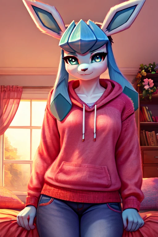 musician girl, looking at viewer, glaceon, morning bedroom background, pokemon girl in a hoody holding a banjo, clothed girl, clothed, clothes, knit sweater, jeans, bedroom