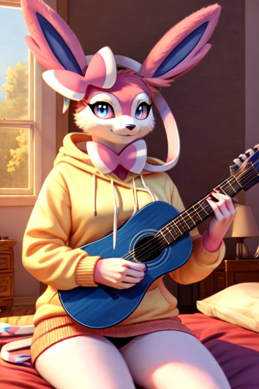 musician girl, looking at viewer, sylveon, morning bedroom background, pokemon girl in a hoody holding the classical wooden guitar
