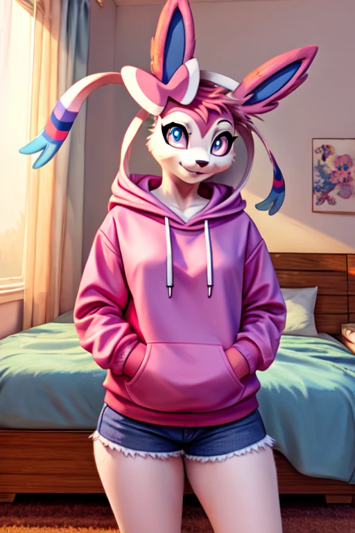 musician girl, looking at viewer, sylveon, morning bedroom background, pokemon girl in a hoody holding the weird guitar
