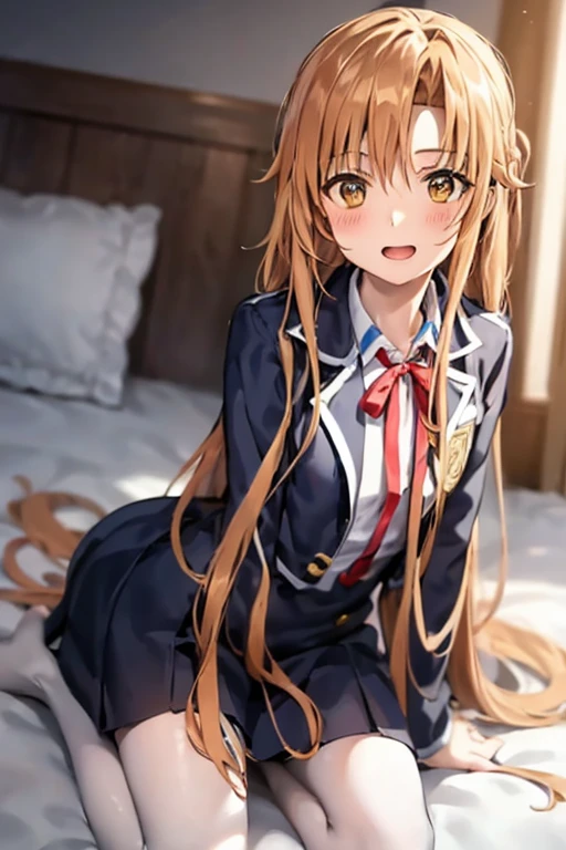 ((Best Quality)), ((masterpiece)), (be familiar with), Perfect Face, indoor, bedroom, Watching the audience,
One woman, Yuuki Asuna,
Open Mouth, Ecstatic expression, blush, smile,
Small breasts, Flat Chest, , , child, Girl,
Long Hair, Long Hair,
Leg spread,