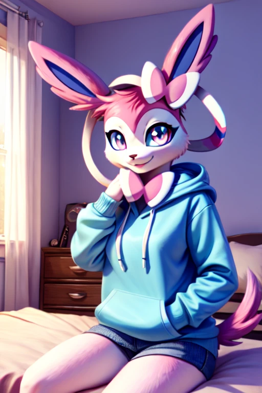 musician girl, looking at viewer, sylveon, morning bedroom background, pokemon girl in a hoody holding the weird guitar
