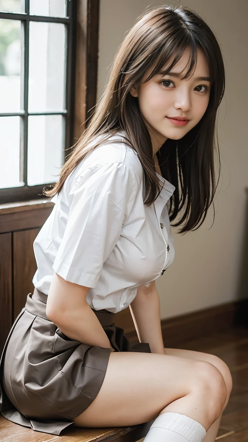 Ultra photo realsisim, 8K, CG,s the perfect face,flawless perfection,Ren,tmasterpiece,professionalartwork,famousartwork,s the perfect face,beauitful face,beautidful eyes,pony tails,((Perfect female body)),独奏,(immersiveatmosphere,lightand shade contrast:1.5,Bright light:1.2,lumnious),(Blushlush:0.5),Enchanting expression,Ultimate detail_The eye,thick thight,huge tit,Exquisite background,depth of fields,photorealestic:1.3,Faraway view,1girll,The shirt,pleatedskirt,school uniform,Sit Pose,((((full bodyesbian)))),(ambient lights:1.3),(cinematic compositions:1.3),(neonlight:0.1),(hdr:0.1),emphasis lighting,White panty hose,(((clear clothing)),perspired,Sweat,