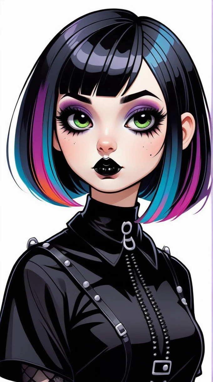 kawaii cute goth girl in a cartoon style, 1girl,solo, upper body, looking at viewer, white background, bob cut, short hair, multicolored hair, makeup , parted lips, black lips, eyeliner, gothic, goth girl