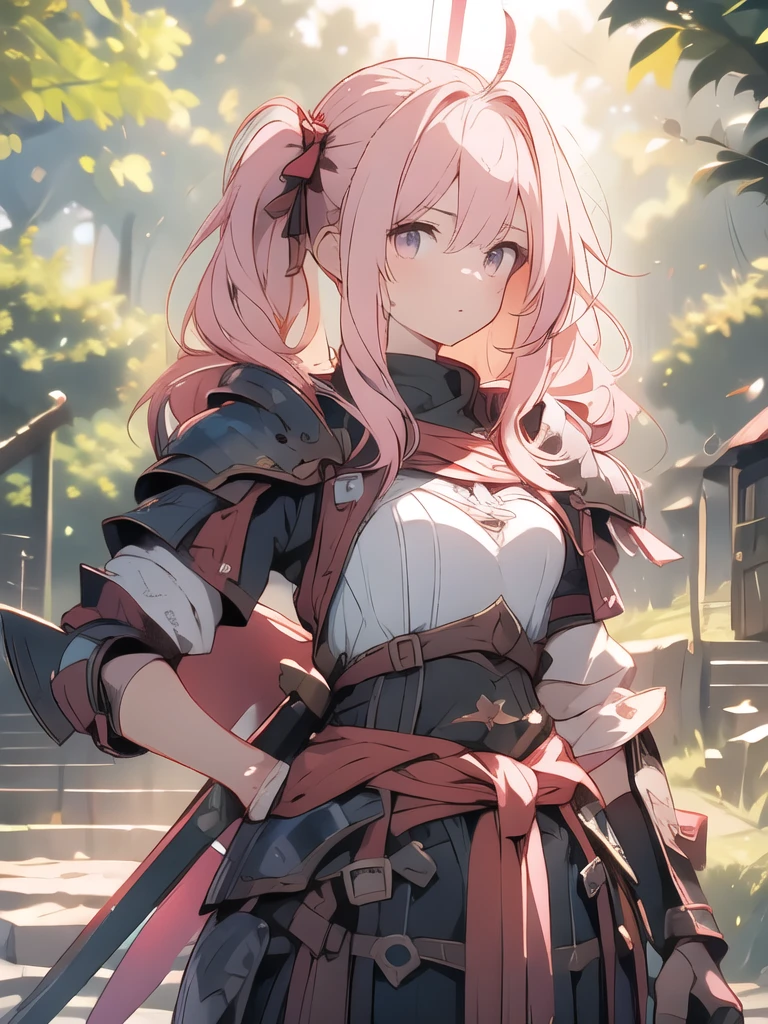Highest quality、Absurd beauty、Accurate hand drawing、Detailed face、Pink Hair Girl、Twin tails、hunter、Leather Armor、Holding a bow、Quiver on waist、in the forest、Sunlight filtering through the trees