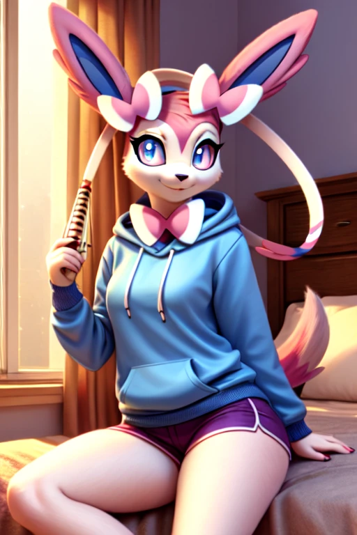 musician girl, looking at viewer, sylveon, morning bedroom background, pokemon girl in a hoody holding the reedpipe, reedpipe (musical instrument)
