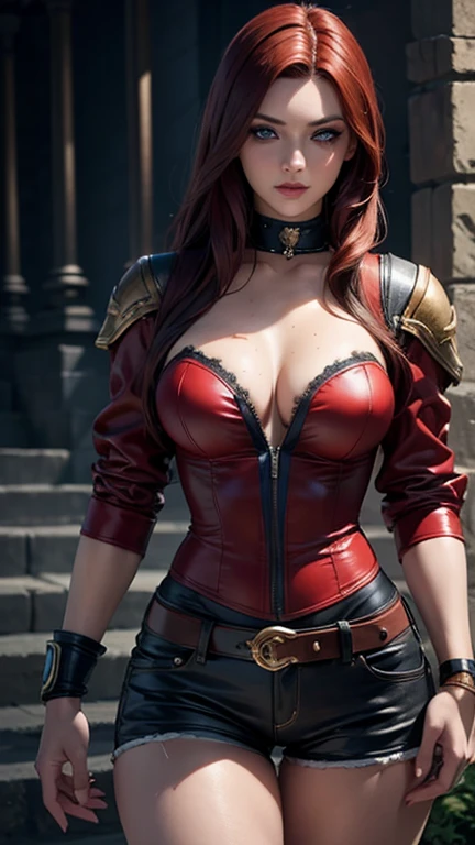 high quality fingers, normal hands, detailed fingers,masterpiece, (realistic, photo-realistic:1.37), (22 years old woman), katarina from league of legends, medium breast, small waist, dark red hair, blue eyes, beautiful face, perfect illumination, beautiful detailed eyes,looking at viewer, stunningly beautiful woman, detailed hairstyle, detailed background,shorts, detailed fantasy background, (sweat:1)