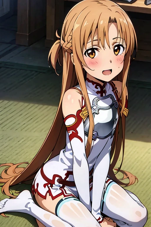 ((Best Quality)), ((masterpiece)), (be familiar with), Perfect Face, indoor, bedroom, Watching the audience,
One woman, Yuuki Asuna,
Open Mouth, Ecstatic expression, blush, smile,
Small breasts, Flat Chest, , , child, Girl,
Long Hair, Long Hair,
Leg spread,