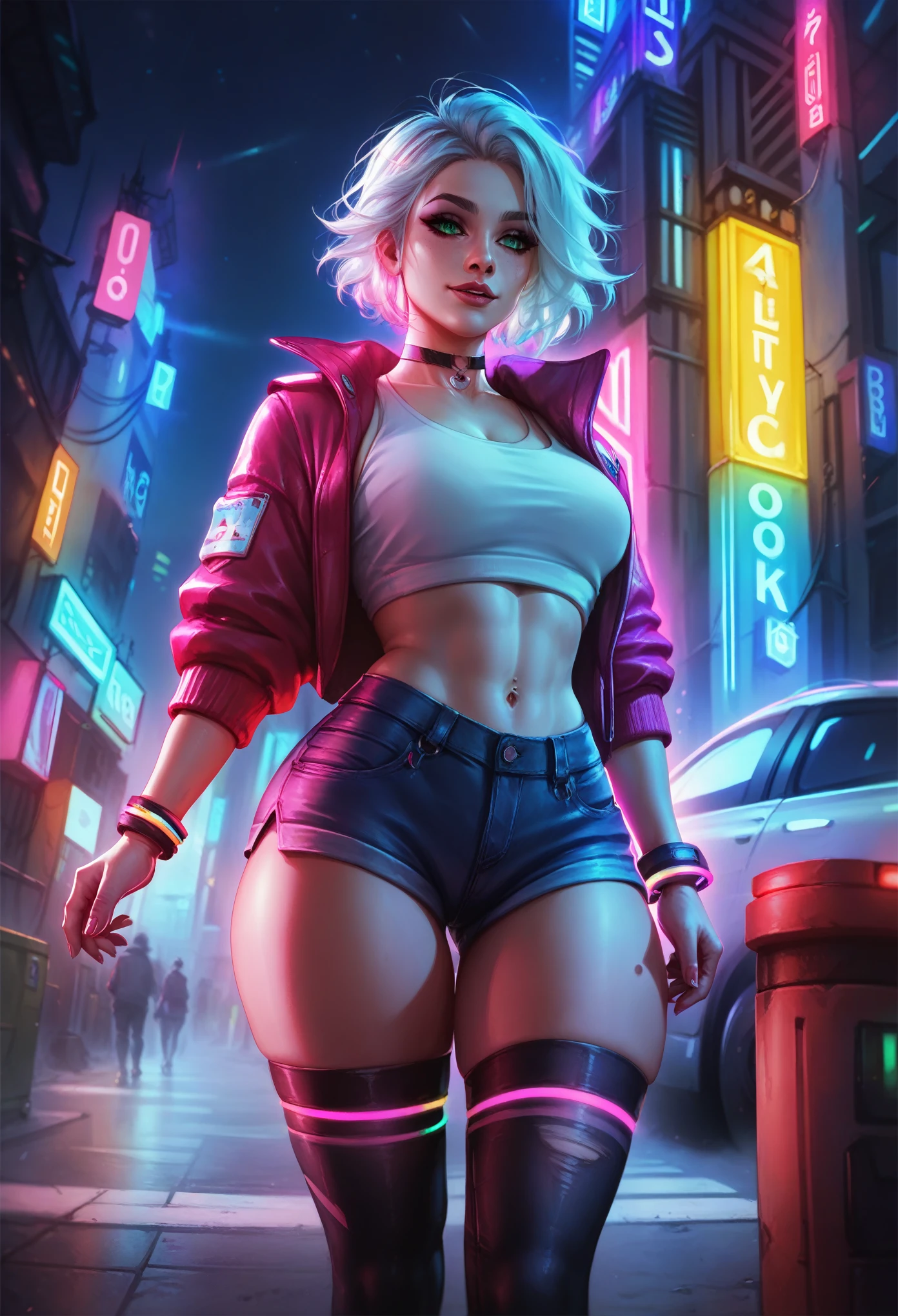  score_9, score_8_up, score_7_up, score_6_up, sci-fi adventurer anime girl, white hair, hot pink and teal color scheme for her street wear outfit, thigh high stockings, medium height, thick thighs, tomboyish girl, vibrant colors, Highly Detailed, Game Assets, very detailed, Highly Detailed, detailed face