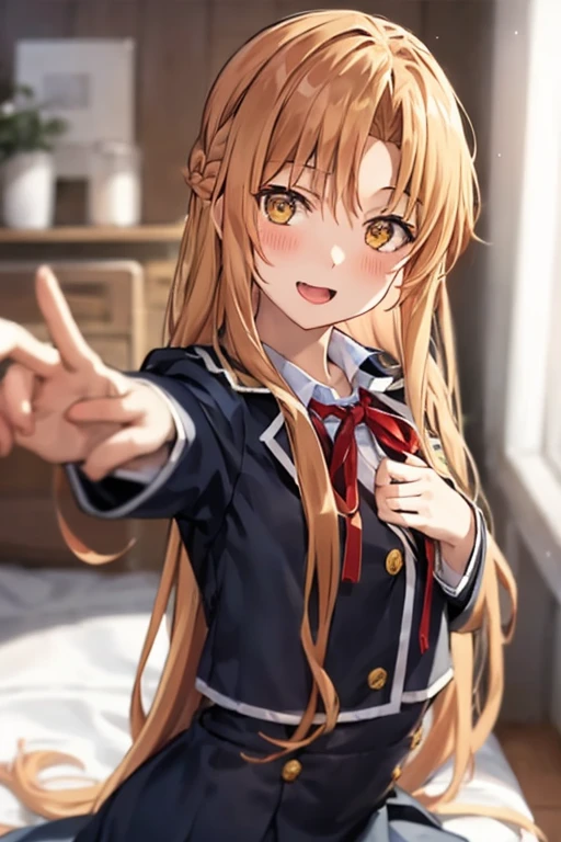 ((Best Quality)), ((masterpiece)), (be familiar with), Perfect Face, indoor, bedroom, Watching the audience,
One woman, Yuuki Asuna,
Open Mouth, Ecstatic expression, blush, smile,
Small breasts, Flat Chest, , , , Girl,
Long Hair, Long Hair,
Leg spread,