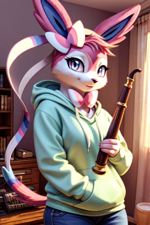 musician girl, looking at viewer, sylveon, morning bedroom background, pokemon girl in a hoody holding the pipe, pipe (musical instrument)
