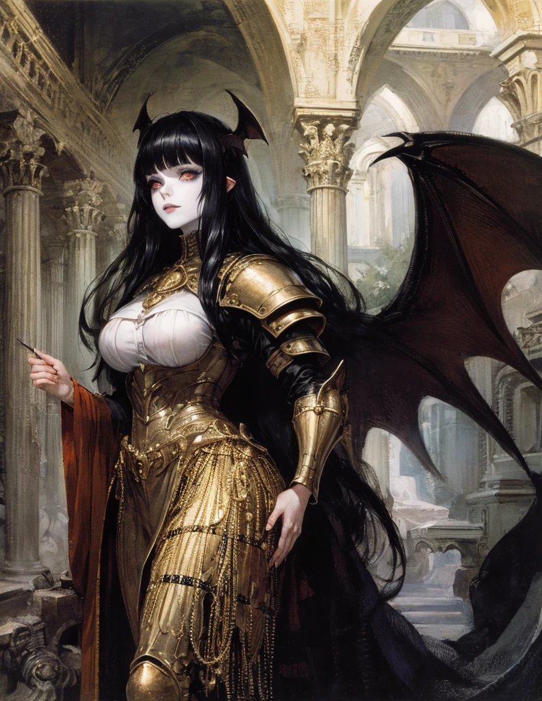 (best lighting) (best quality, masterpiece:1.2), (absurdres), 4k, (detailed eyes), (detailed face), ethereal demonic woman wearing medieval armour and bodysuit with short black hair, blunt cut bangs and ((pale white skin)). Large bat wings. Curvy. She's standing in front of an old gothic castle illuminated by a large moon over head, ((black armour)), dark, moody, ((gothic)), ((dark fantasy)), medieval