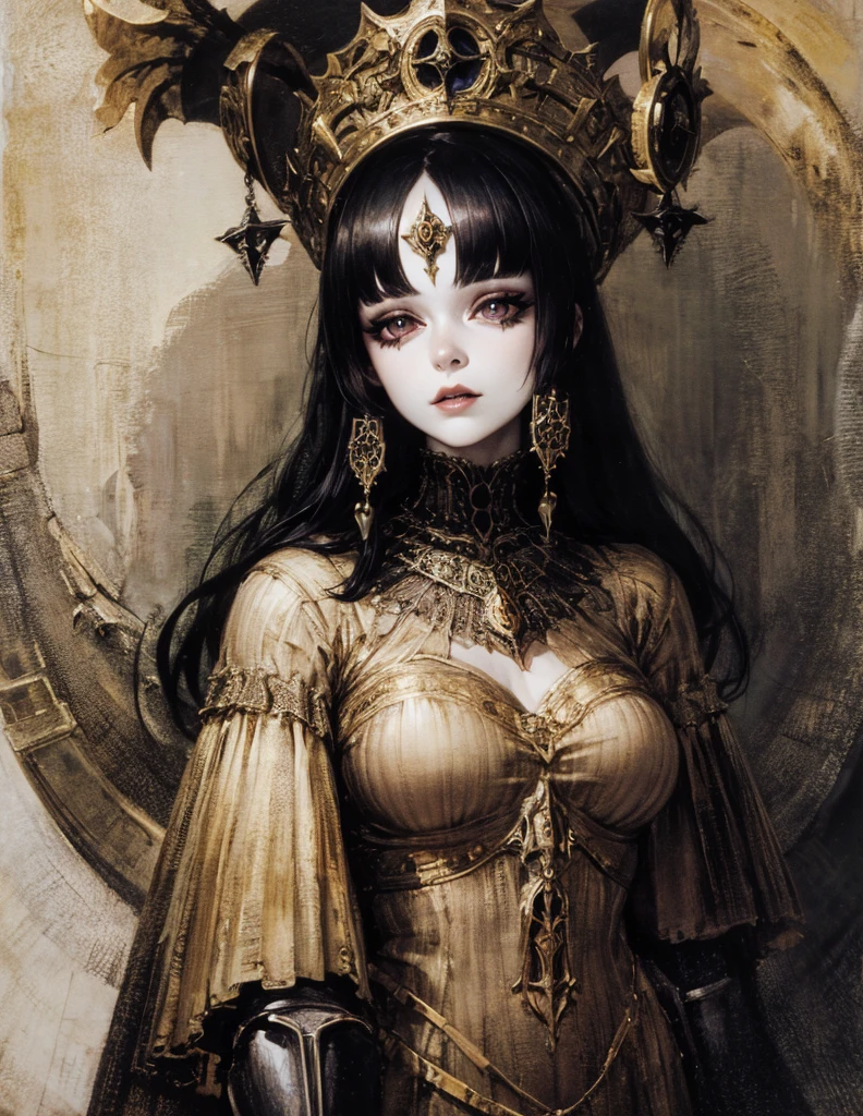 (best lighting) (best quality, masterpiece:1.2), (absurdres), 4k, (detailed eyes), (detailed face), ethereal demonic woman wearing medieval armour and bodysuit with short black hair, blunt cut bangs and ((pale white skin)). Large bat wings. Curvy. She's standing in front of an old gothic castle illuminated by a large moon over head, ((black armour)), dark, moody, ((gothic)), ((dark fantasy)), medieval