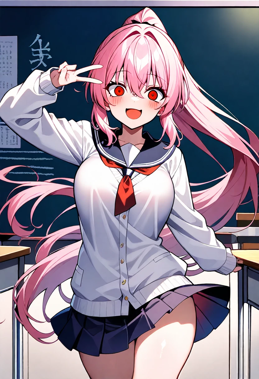 masterpiece,best quality,good quality,newest,newest,general,BREAK 1girl,smile,pink hair,ponytail,red eyes,crazy eyes,school sailor uniform,BREAK standing,BREAK happy atmosphere,BREAK in classroom,background