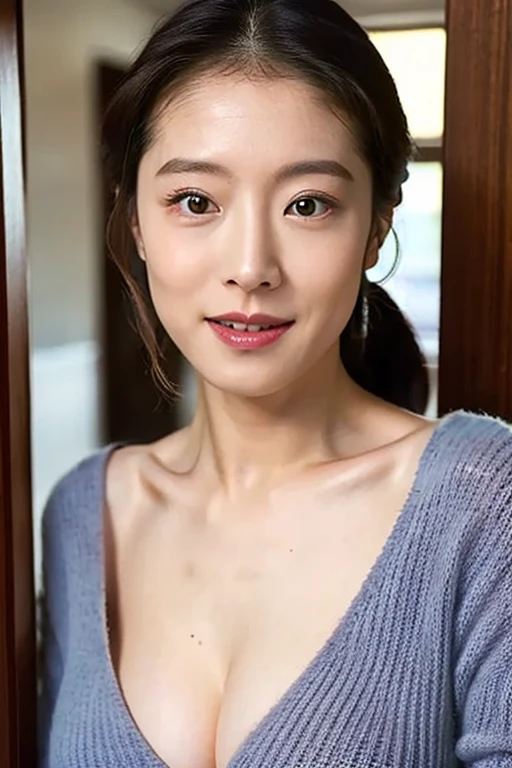 Highly detailed beautiful woman, (Age 35), Round eyes, Big Breasts, Cleavage。Loose V-neck sweater、Highly detailed beautiful woman, (40 years old), Close-up photo focusing on upper body、Low Ponytail、Opening the door to the bedroom to welcome someone。A shy smile。