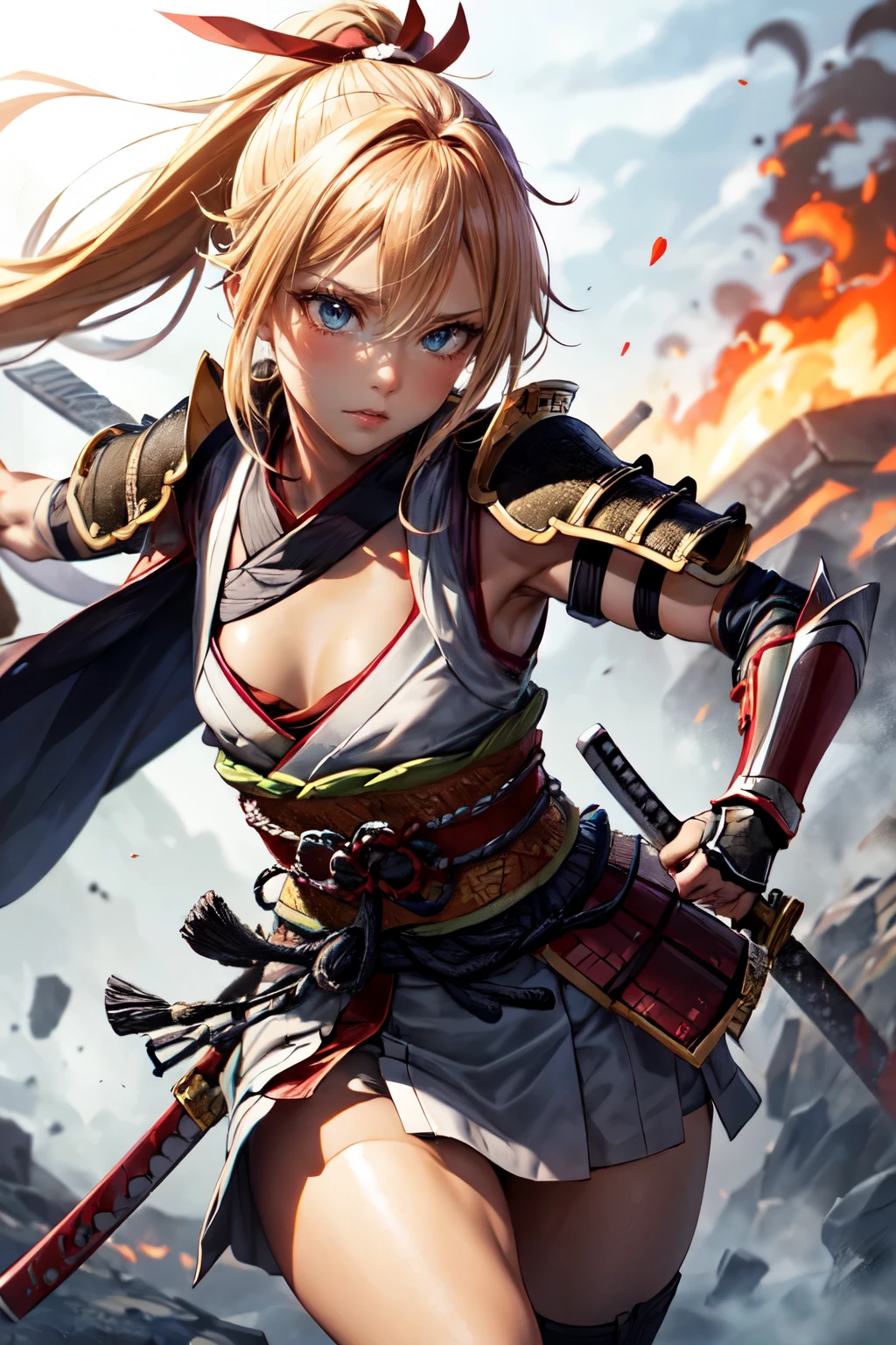 One Girl,anime,Anatomically correct, A series of character actions,,ponytail, masterpiece, Textured Skin, Action Painting, Heavy makeup, Brown Skin,Perfect Face,Perfect Eyes,Samurai,samurai,Sengoku Warlordsの鎧,Waist Armor,Fighting the Devil,Heavy Swordsman,A flash of the flaming sword,Small breasts,Thin thighs,Combat with enemies,Calm expression,Flame Attribute,Yellow Hair,Sengoku Warlords,Battle of Sekigahara