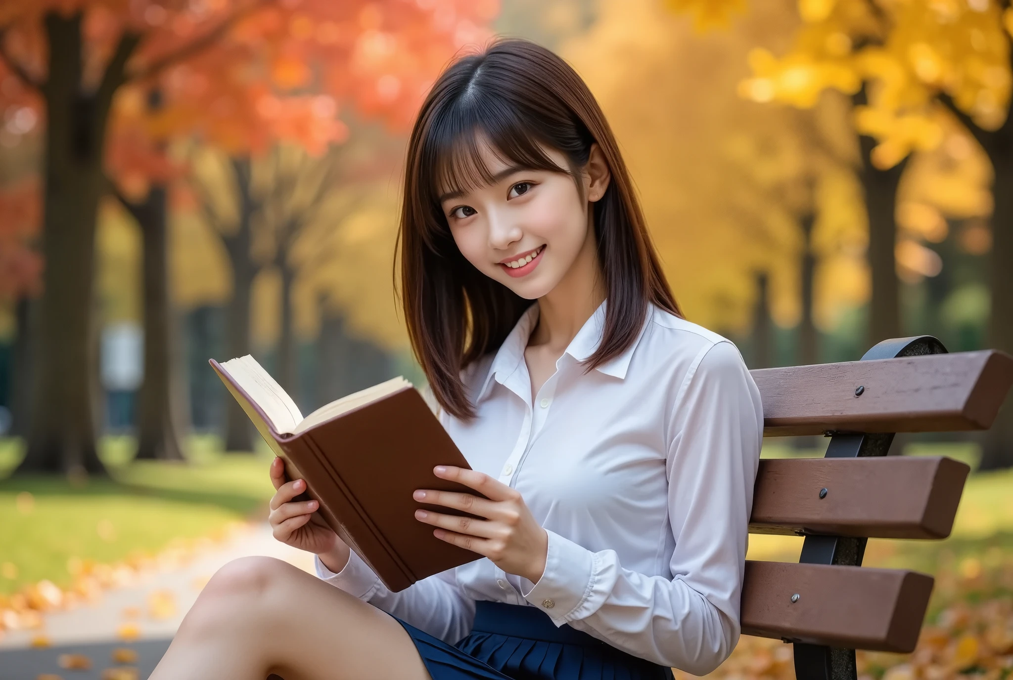 (masterpiece, Best Quality, Ultra-realistic:1.2), One Girl, Beautiful autumn park with a bench、Reading a book alone, 18 years old,   Beauty, Beautiful slim figure, (Super cute idol-like face), Large eyes with double eyelids,  Perfect Face, Perfect Face, Perfect eyes with perfect symmetry, Very detailed, Genuine, High resolution, Happy expression, Beautiful breasts, Brown eyes,　(White shirt, Sailor school uniform, Navy blue pleated skirt:1.2), Beautiful legs,  smile, Black Hair、Slightly longer bob hair, With bangs, (Beautiful red and yellow leaves fluttering down、Beautiful autumn leaves in the park),