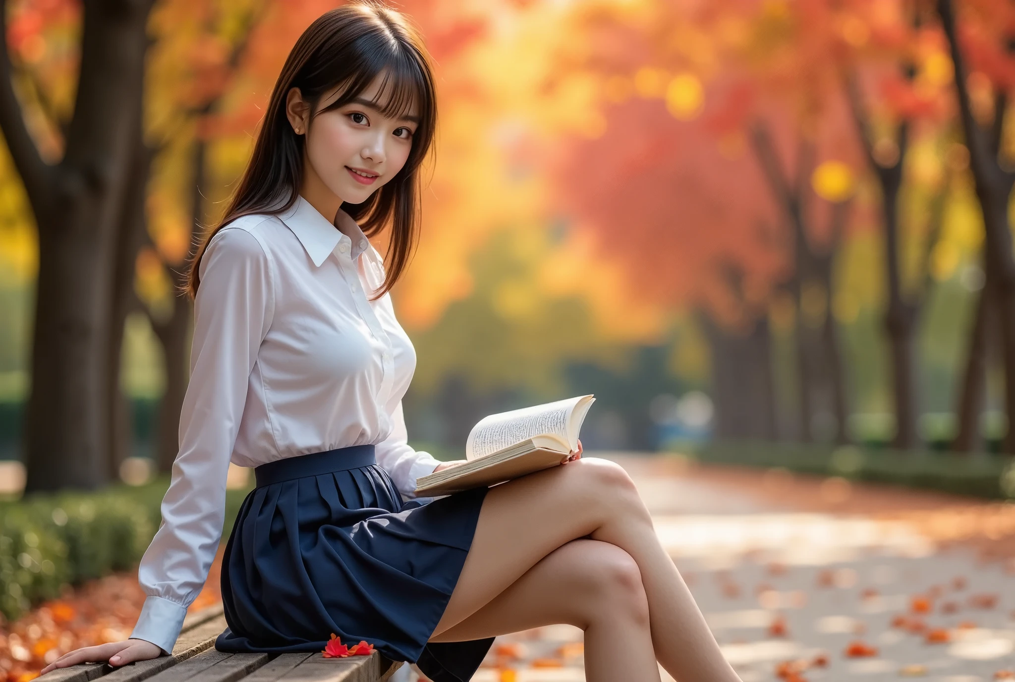 (masterpiece, Best Quality, Ultra-realistic:1.2), One Girl, Beautiful autumn park with a bench、Reading a book alone, 18 years old,   Beauty, Beautiful slim figure, (Super cute idol-like face), Large eyes with double eyelids,  Perfect Face, Perfect Face, Perfect eyes with perfect symmetry, Very detailed, Genuine, High resolution, Happy expression, Beautiful breasts, Brown eyes,　(White shirt, Sailor school uniform, Navy blue pleated skirt:1.2), Beautiful legs,  smile, Black Hair、Slightly longer bob hair, With bangs, (Beautiful red and yellow leaves fluttering down、Beautiful autumn leaves in the park),