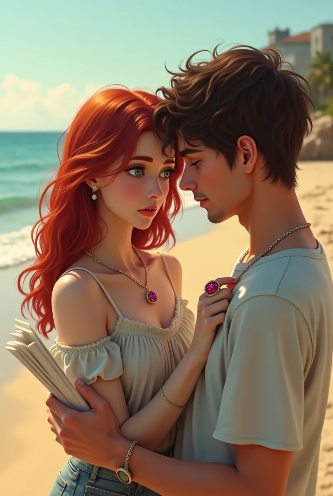 young beautiful woman with long ginger hair, with turquoise eyes, naked, siren crown