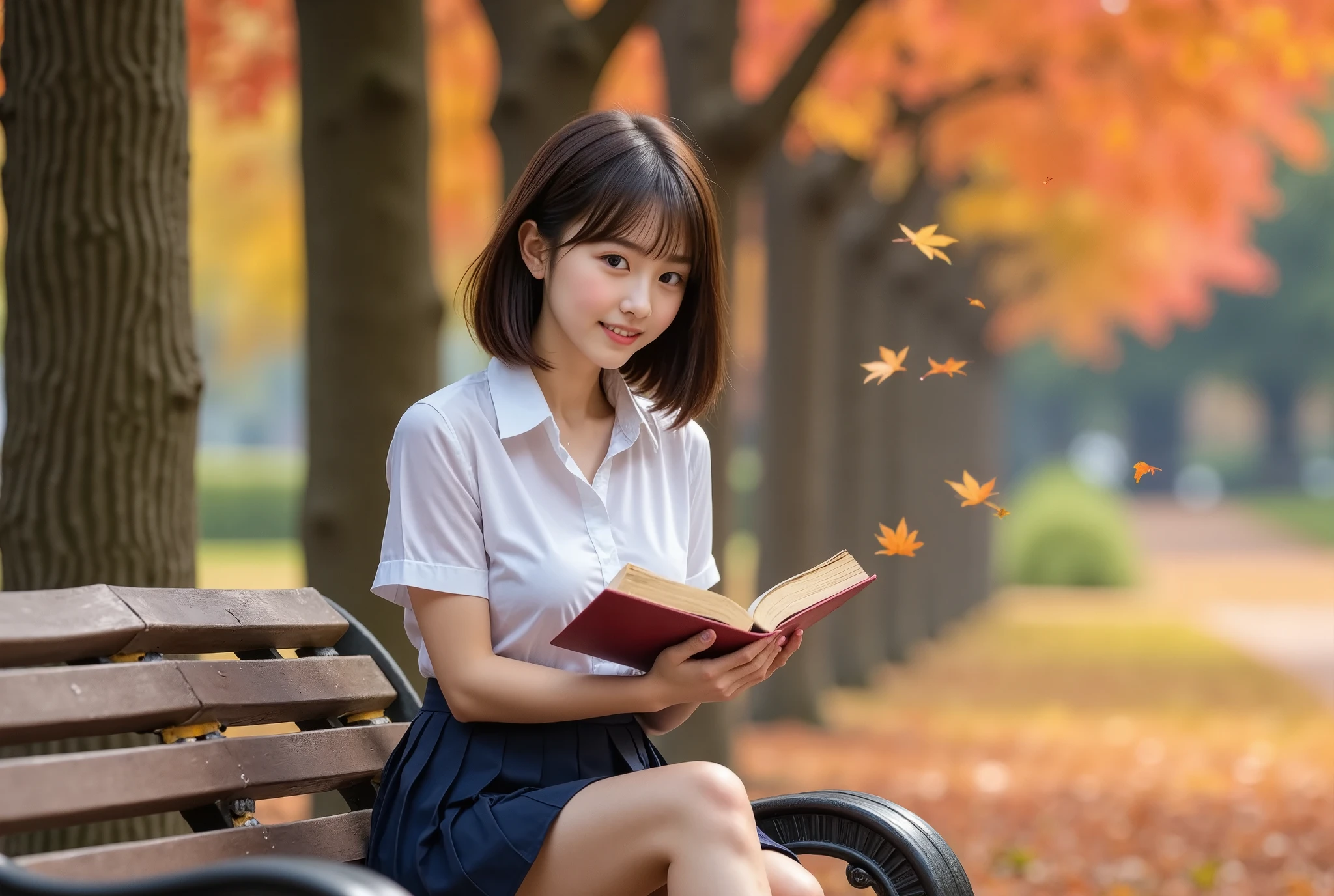 (masterpiece, Best Quality, Ultra-realistic:1.2), One Girl, Beautiful autumn park with a bench、Reading a book alone, 18 years old,   Beauty, Beautiful slim figure, (Super cute idol-like face), Large eyes with double eyelids,  Perfect Face, Perfect Face, Perfect eyes with perfect symmetry, Very detailed, Genuine, High resolution, Happy expression, Beautiful breasts, Brown eyes,　(White shirt, Sailor school uniform, Navy blue pleated skirt:1.2), Beautiful legs,  smile, Black Hair、Slightly longer bob hair, With bangs, (Beautiful red and yellow leaves fluttering down、Beautiful autumn leaves in the park),