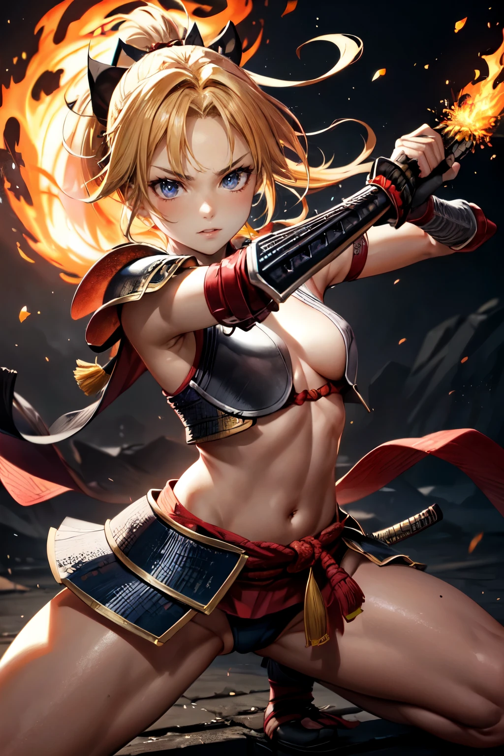 One Girl,anime,Anatomically correct, A series of character actions,,ponytail, masterpiece, Textured Skin, Action Painting, Heavy makeup, Brown Skin(1.8),Perfect Face,Perfect Eyes,Samurai,samurai,Sengoku Warlordsの鎧,Waist Armor,Hold a flaming sword,Small breasts,Thin thighs,Combat with enemies,Calm expression,Flame Attribute,Yellow Hair,Sengoku Warlords,Battle of Sekigahara,A dynamic pose