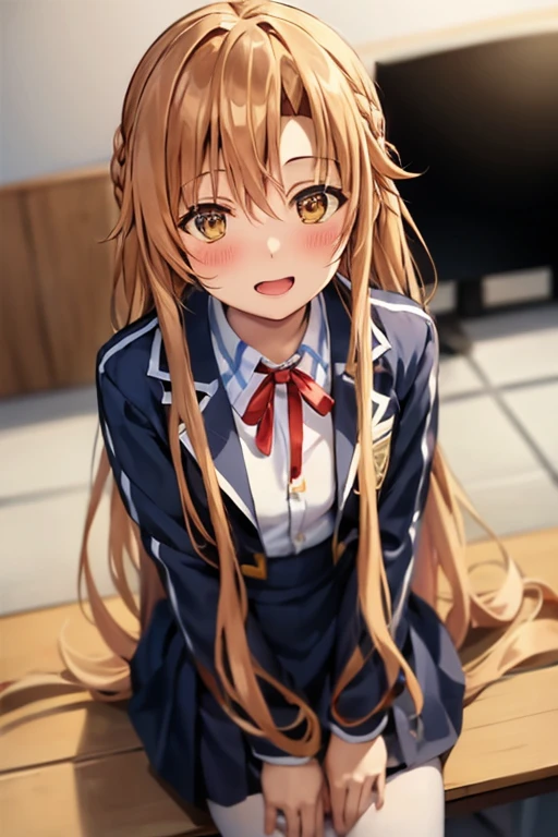 ((Best Quality)), ((masterpiece)), (be familiar with), Perfect Face, indoor, bedroom, Watching the audience,
One woman, Yuuki Asuna,
Open Mouth, Ecstatic expression, blush, smile,
Small breasts, Flat Chest, , , child, Girl,
Long Hair, Long Hair,
Leg spread,