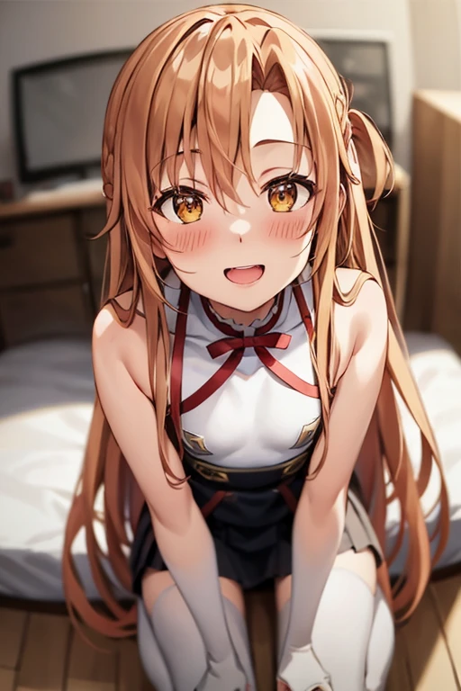 ((Best Quality)), ((masterpiece)), (be familiar with), Perfect Face, indoor, bedroom, Watching the audience,
One woman, Yuuki Asuna,
Open Mouth, Ecstatic expression, blush, smile,
Small breasts, Flat Chest, , , child, Girl,
Long Hair, Long Hair,
Leg spread,