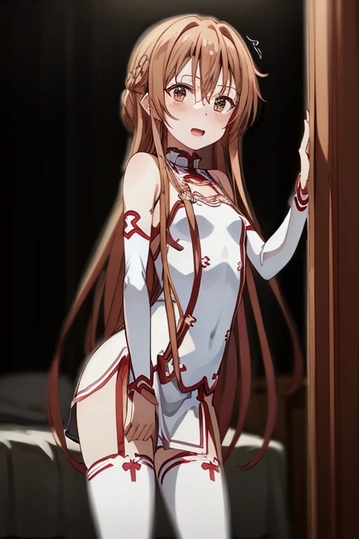 ((Best Quality)), ((masterpiece)), (be familiar with), Perfect Face, indoor, bedroom, Watching the audience,
One woman, Yuuki Asuna,
Open Mouth, Ecstatic expression, blush, smile,
Small breasts, Flat Chest, , , child, Girl,
Long Hair, Long Hair,
Leg spread,