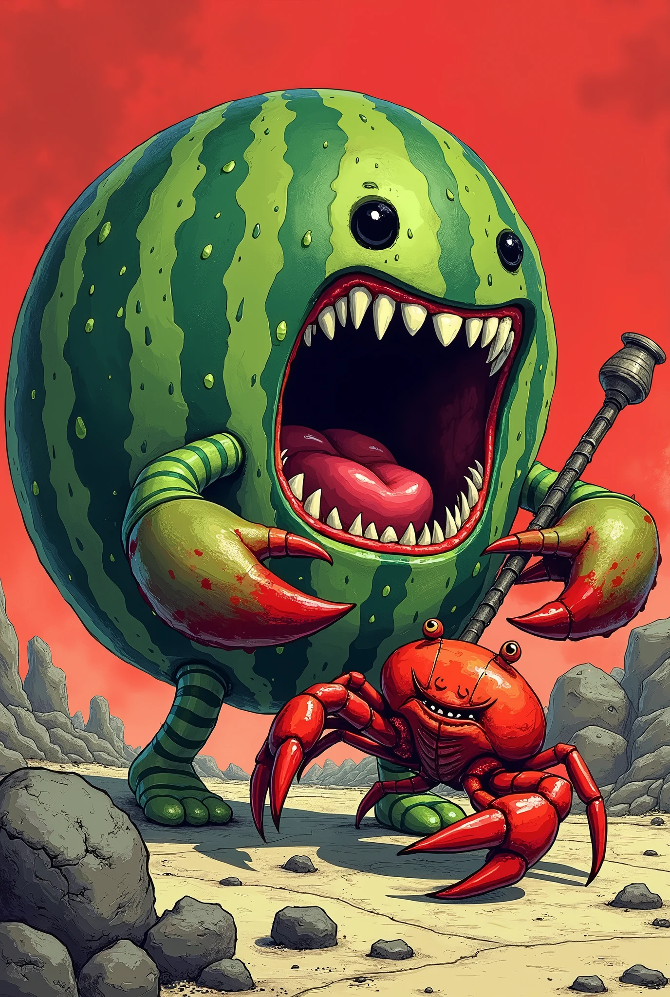 Watermelon busty tit Monster vs dildo toy Crab, old comic style,