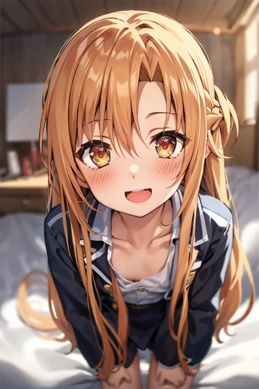 ((Best Quality)), ((masterpiece)), (be familiar with), Perfect Face, indoor, bedroom, Watching the audience,
One woman, Yuuki Asuna,
Open Mouth, Ecstatic expression, blush, smile,
Small breasts, Flat Chest, , , , Girl,
Long Hair, Long Hair,
Leg spread,