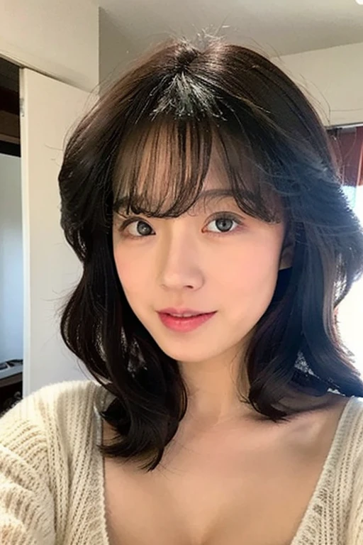 Highly detailed beautiful woman, (Age 35), Almond Eye, Big Breasts, Cleavage。Loose V-neck sweater、Highly detailed beautiful woman, (40 years old), Close-up photo focusing on upper body、Long curly hair、Black Hair、Opening the door to the bedroom to welcome someone。A shy smile。Focused eyes、