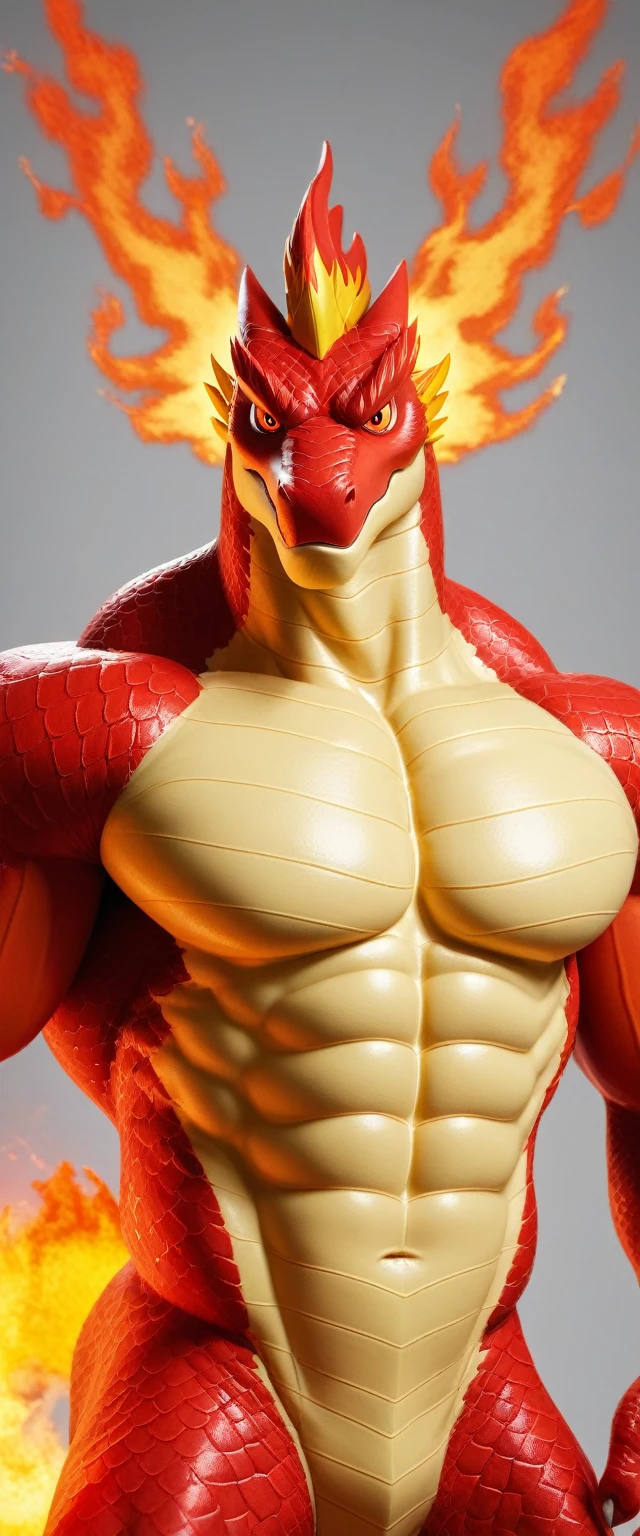 score_9, score_8_up, score_7_up, highly detailed 3D render of a muscular adult male anthro dragon fursuit character named Phoenix. nude, showcasing his powerful and well-defined muscular physique. His fierce red eyes glow with intensity, adding to the intimidating and commanding presence. Phoenix has strong, textured scales that catch the light of the flames surrounding him, as the background is filled with fire, emphasizing his mythical and dangerous nature. The lighting from the flames reflects off his body, highlighting his muscles and creating a dramatic contrast. His pose is confident and dominant, fully embodying the essence of power, strength, and fire."