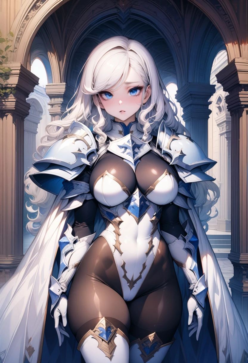 ((highest quality)),((masterpiece)),((Fantasy art)),(detailed background),1girl,((thicc)),Alluring,perfect face,((makeup)),((skindantation)), ((white paladin pauldrons leotard:1.4)),((tight size leotard armor)),((stockings zentai bodysuit:1.3)),((long gauntlet gloves)),((black pantyhose:1.3)),white glossy hair wavy hair,((swept bangs:1.3)),((white leather thigh high boots: 1.2)),(high leg groin: 1.3),(armored elbow gloves),large breasts, blue beautiful eyes,Perfect hands,perfect fingers,(cameltoe:0.8),noble heraldic cloak,tachi-e,palace corridors,courtyards, shy, stylish pose, parted lips