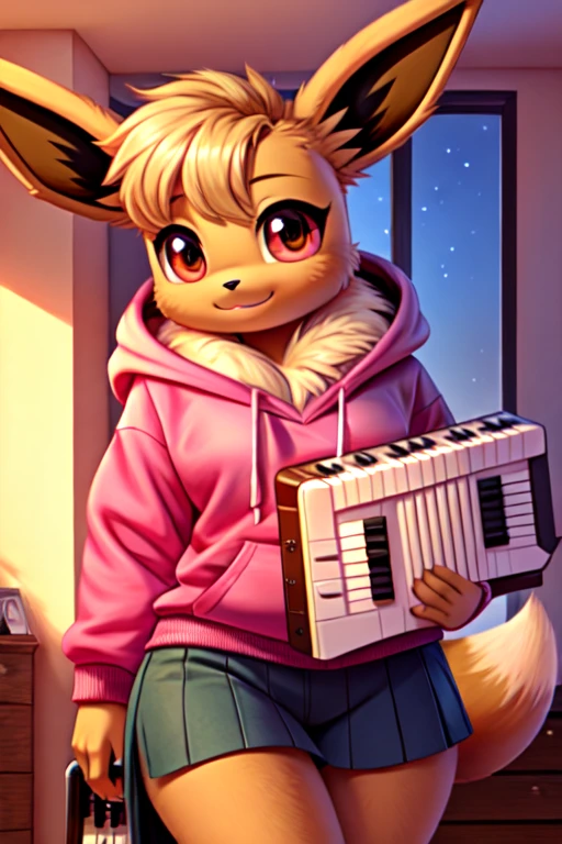 musician girl, looking at viewer, eevee, morning bedroom background, pokemon girl in a hoody holding the accordion, accordion (musical instrument)
