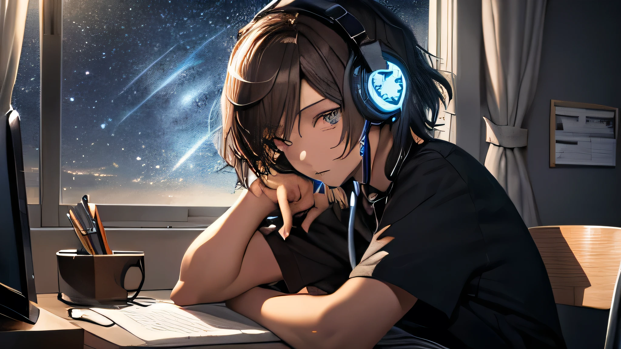 (Highly detailed CG Unity 8k wallpaper), The most beautiful works of art in the world, One girl, Short sleeve,Upper Body,Midnight、A girl studying at a desk with a pencil，Hair color is dark brown，short hair,Over ear headphones，Starry sky in the window