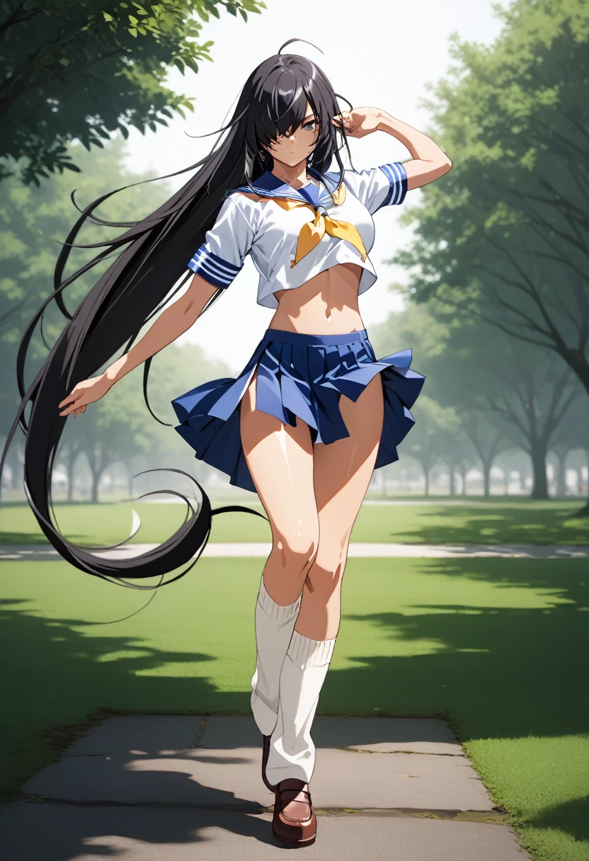 Best Quality, 8k, High resolution, masterpiece:1.2, (ultra detailed),　nswf:1.5, kanu, solo, 1 muscular girl,　 (18-years-old) black hair, absurdly long hair, bangs, ((hair over one eye)), Young female, Beautiful Finger, Beautiful long legs, Beautiful body, Beautiful Nose, Beautiful character design, perfect face, (tanned skin:1.3) disgust, grumpy, looking at viewer, standing, Kickboxing, Executing a high kick, dynamic angle,　glaring, frowning,　looking up, sailor uniform,　mini skirt, Midriff sailor uniform,　Loose socks,　Brown Loafers,　 side tie panties,　Bare skin under the breast, No bra, park, bloom, strong light, soft brightness, soft saturation, soft contrast, (Battle Scene), strong wind, full body shot,　from front,　((symmetrical:1.3)),　 (Focus on her face), cel anime,