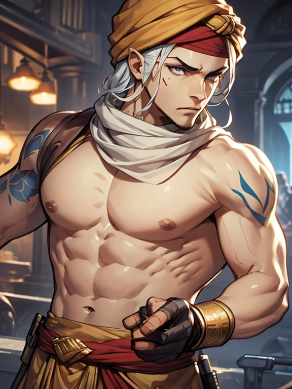 (3D:0.6,realistic:0.8,photorealistic:0.8),(absurdres, Super-resolution, masterpiece, best quality, finely detailed,absurdres:1.2), (((natural lighting))) (excessive skin gloss and reflection) ((god-rays)), butt, (((1male))) 21 years old male, Pectoral muscles are plumped, muscular, athletic, textured skin, stubble, big body, handsome man, attractive male, seductive, alpha, dominated, lewd, earrings, necklace, smirk, spritual werewolves, reborn from pool of sacred water, piercing, blue eyes, big chest, ((cold pale white skin)) raining, wet, sweaty, saliva, mucus, pec tattoo, big arms, open cloak, alpha male, gay, yaoi, chain bracelets, white shaved hair, dramatic illumination,