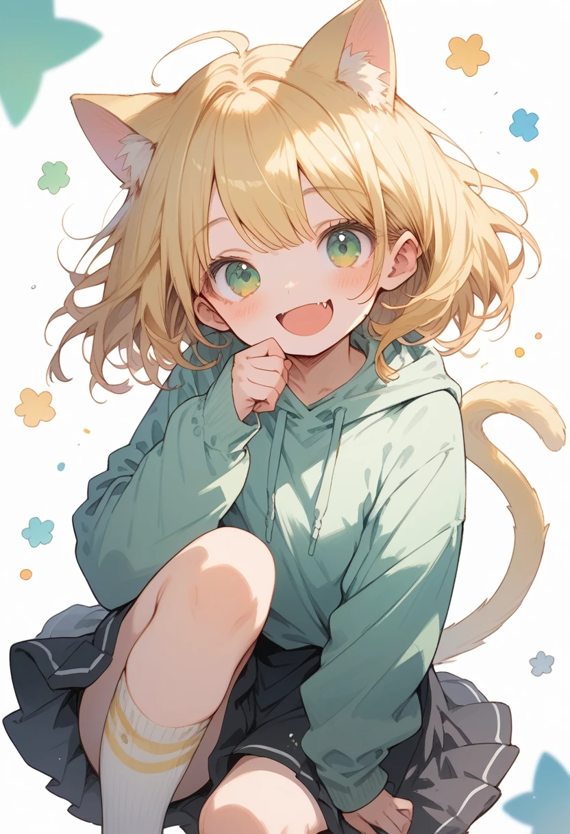  blonde, yellow cat ears, Green eyes, big white sweatshirt, black skirt with yellow details, big white sock, (()), (( of anime)) * looks genuinely happy at the camera, bottom to top angle*