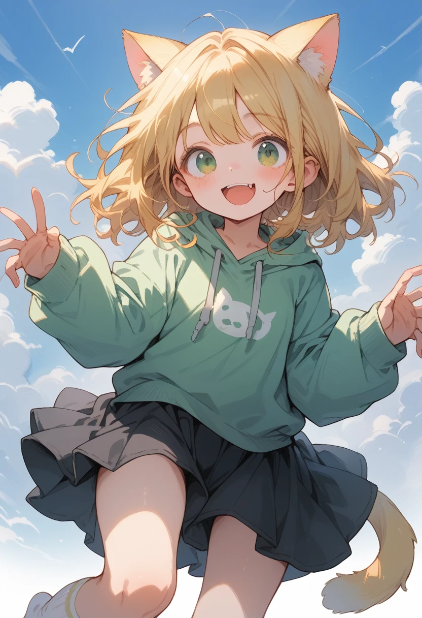  blonde, yellow cat ears, Green eyes, big white sweatshirt, black skirt with yellow details, big white sock, (()), (( of anime)) * looks genuinely happy at the camera, bottom to top angle*